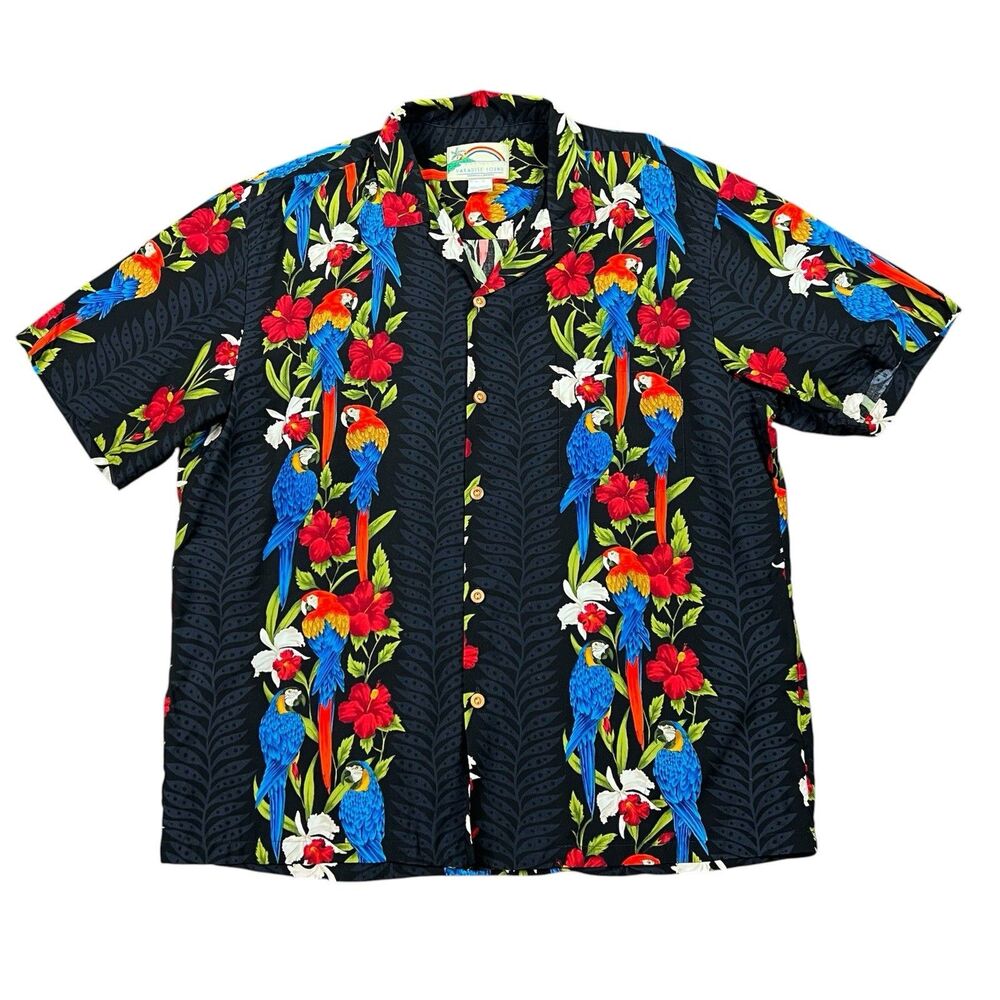 Paradise Found Honolulu Hawaii Men's Large Rayon Aloha Shirt Made USA Parrots